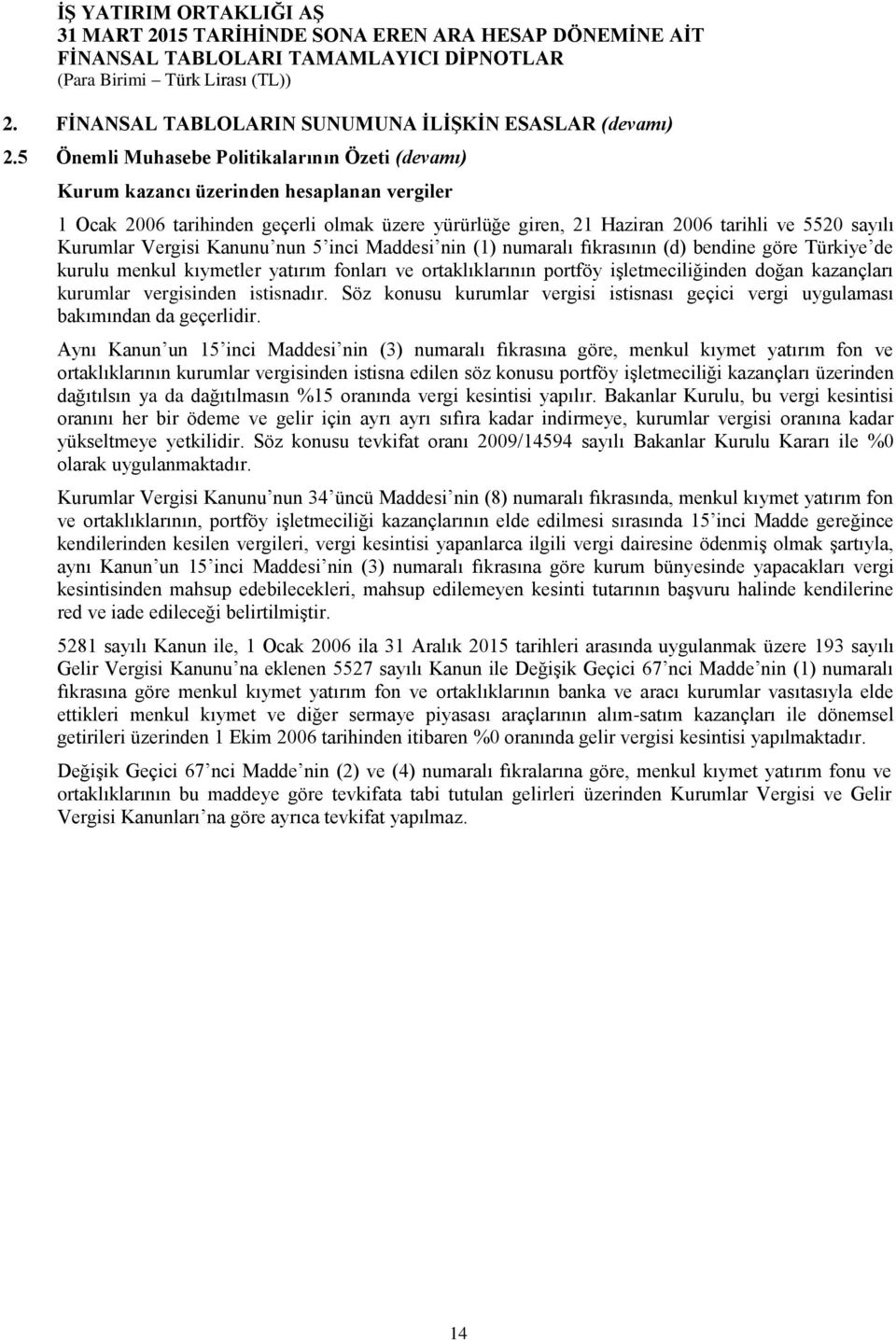 Kurumlar Vergisi Kanunu nun 5 inci Maddesi nin (1) numaralı fıkrasının (d) bendine göre Türkiye de kurulu menkul kıymetler yatırım fonları ve ortaklıklarının portföy işletmeciliğinden doğan