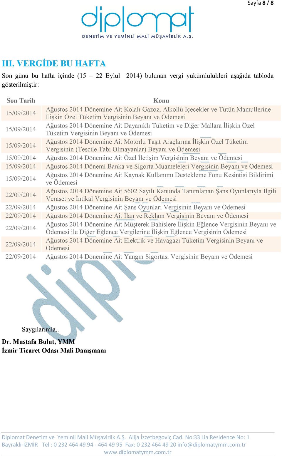 İçecekler ve Tütün Mamullerine İlişkin Özel Tüketim Vergisinin Beyanı ve Ödemesi 15/09/2014 Ağustos 2014 Dönemine Ait Dayanıklı Tüketim ve Diğer Mallara İlişkin Özel Tüketim Vergisinin Beyanı ve