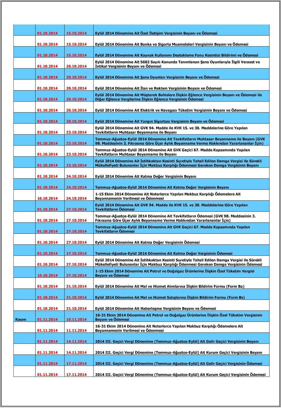 10.2014 20.10.2014 Eylül 2014 Dönemine Ait İlan ve Reklam Vergisinin 01.10.2014 20.10.2014 Eylül 2014 Dönemine Ait Müşterek Bahislere İlişkin Eğlence Vergisinin ile 01.10.2014 20.10.2014 Eylül 2014 Dönemine Ait Elektrik ve Havagazı Tüketim Vergisinin 01.