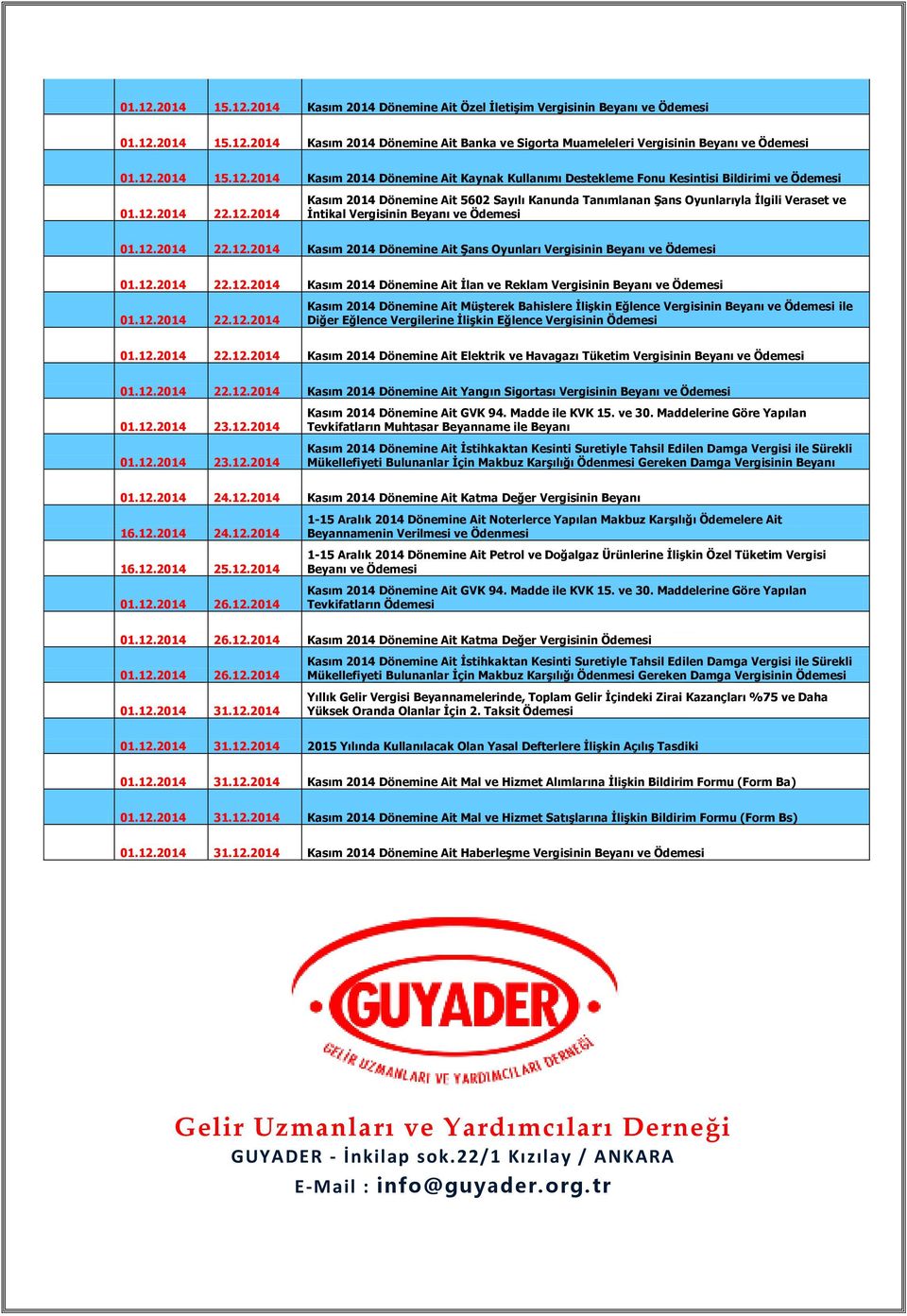 12.2014 22.12.2014 Kasım 2014 Dönemine Ait İlan ve Reklam Vergisinin 01.12.2014 22.12.2014 Kasım 2014 Dönemine Ait Müşterek Bahislere İlişkin Eğlence Vergisinin ile 01.12.2014 22.12.2014 Kasım 2014 Dönemine Ait Elektrik ve Havagazı Tüketim Vergisinin 01.