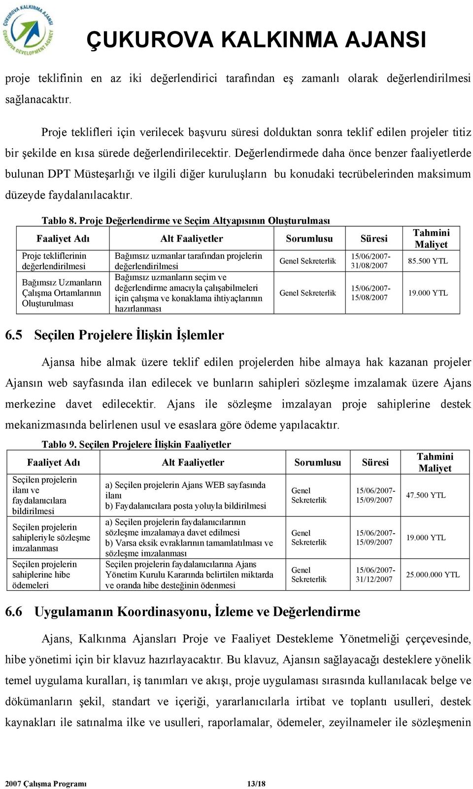 Değerlendirmede daha önce benzer faaliyetlerde bulunan DPT Müsteşarlığı ve ilgili diğer kuruluşların bu konudaki tecrübelerinden maksimum düzeyde faydalanılacaktır. Tablo 8.