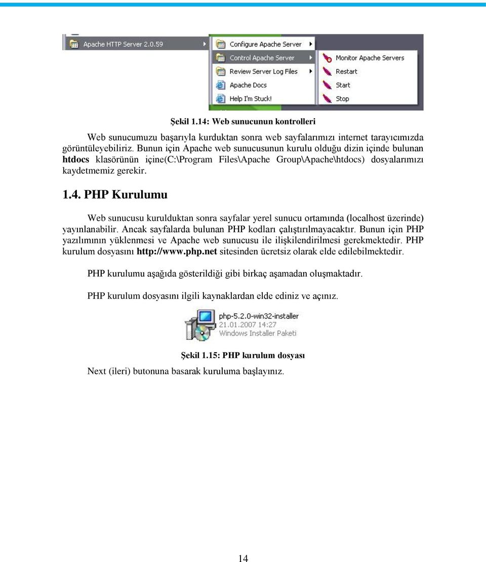 PHP Kurulumu Web sunucusu kurulduktan sonra sayfalar yerel sunucu ortamında (localhost üzerinde) yayınlanabilir. Ancak sayfalarda bulunan PHP kodları çalıştırılmayacaktır.