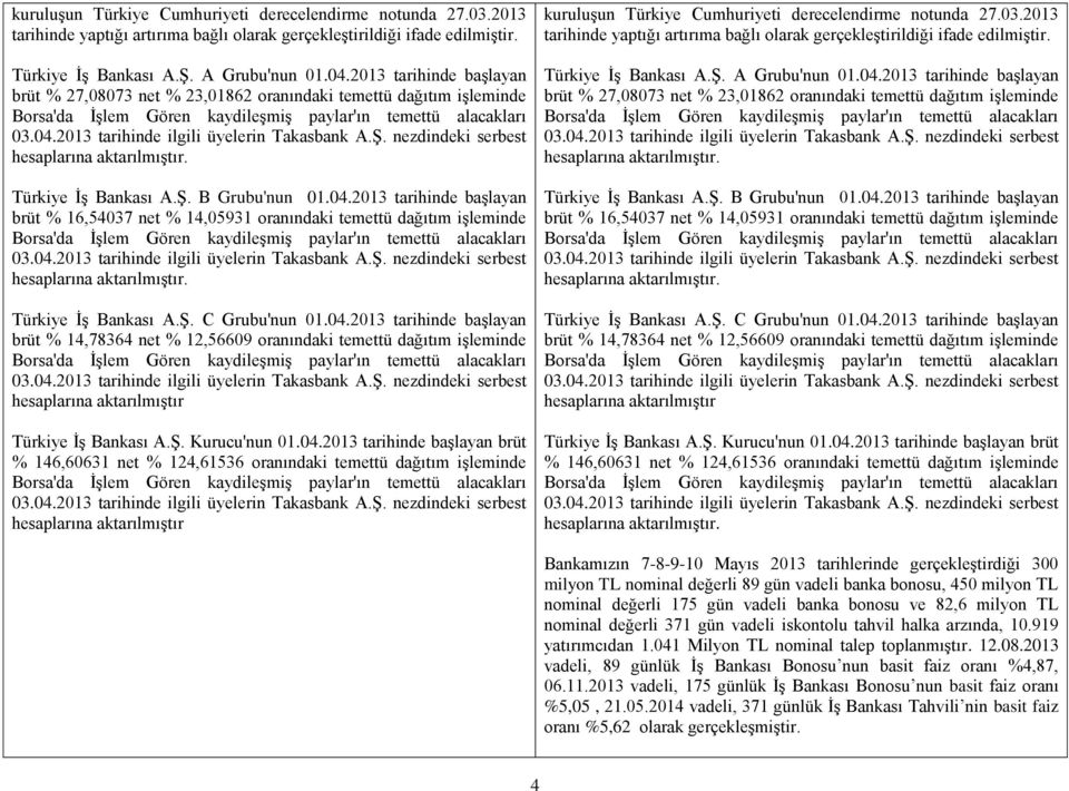 2013 tarihinde başlayan brüt % 16,54037 net % 14,05931 oranındaki temettü dağıtım işleminde Türkiye İş Bankası A.Ş. C Grubu'nun 01.04.