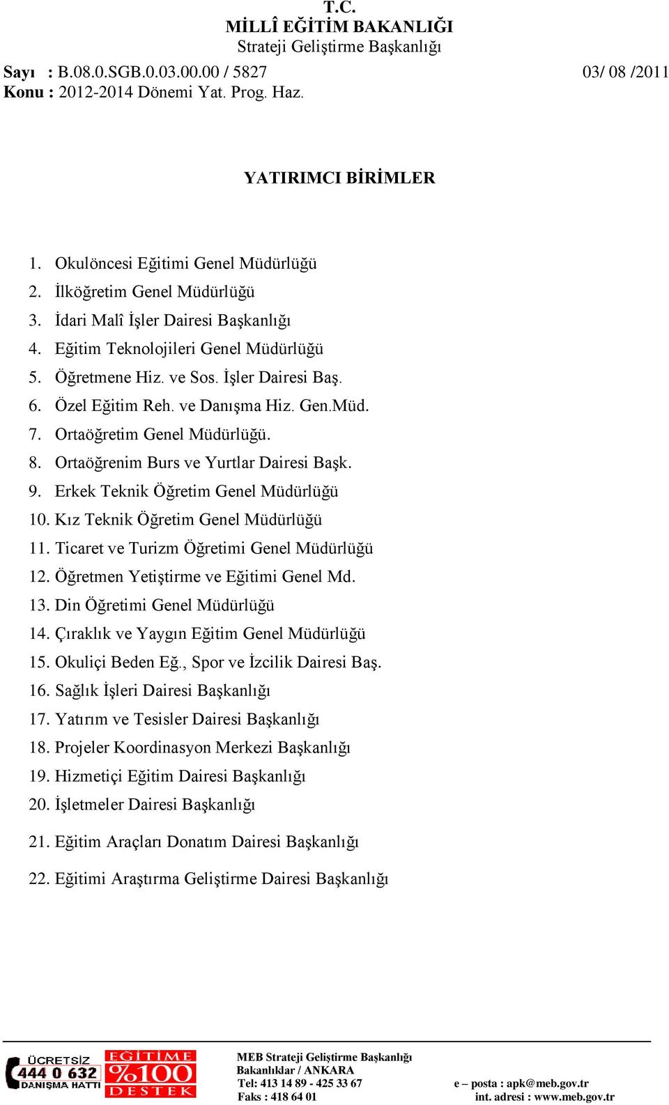 Kız Teknik Öğretim Genel Müdürlüğü 11. Ticaret ve Turizm Öğretimi Genel Müdürlüğü 12. Öğretmen Yetiştirme ve Eğitimi Genel Md. 13. Din Öğretimi Genel Müdürlüğü 14.