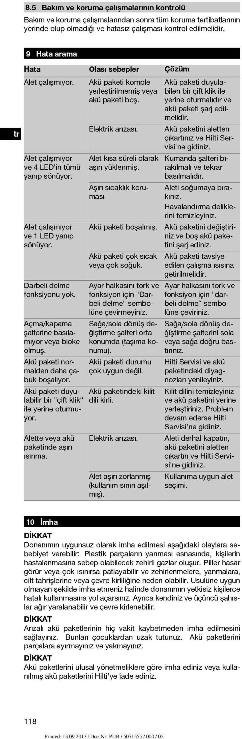 yerine oturmalıdır ve akü paketi şarj edilmelidir. Elektrik arızası. tr Akü paketini aletten çıkartınız ve Hilti Servisi'ne gidiniz. Alet çalışmıyor ve 4 LED'in tümü yanıp sönüyor.