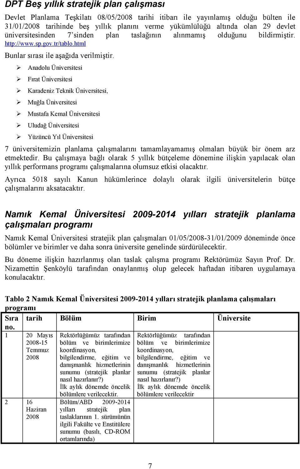 Anadolu Üniversitesi Fırat Üniversitesi Karadeniz Teknik Üniversitesi, Muğla Üniversitesi Mustafa Kemal Üniversitesi Uludağ Üniversitesi Yüzüncü Yıl Üniversitesi 7 üniversitemizin planlama