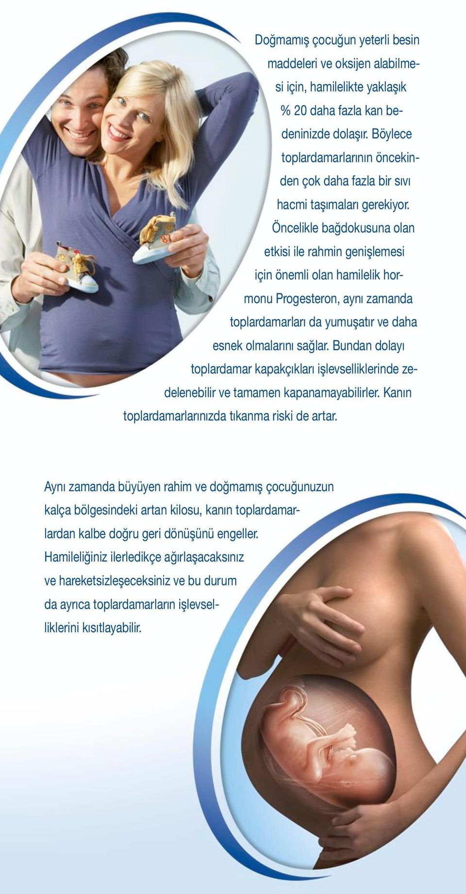 Öncelikle bağdokusuna olan etkisi ile rahmin genişlemesi için önemli olan hamilelik hormonu Progesteron, aynı zamanda toplardamarları da yumuşatır ve daha esnek olmalarını sağlar.