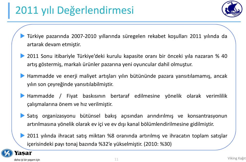 Hammadde ve enerji maliyet artışları yılın bütününde pazara yansıtılamamış, ancak yılın son çeyreğinde yansıtılabilmiştir.