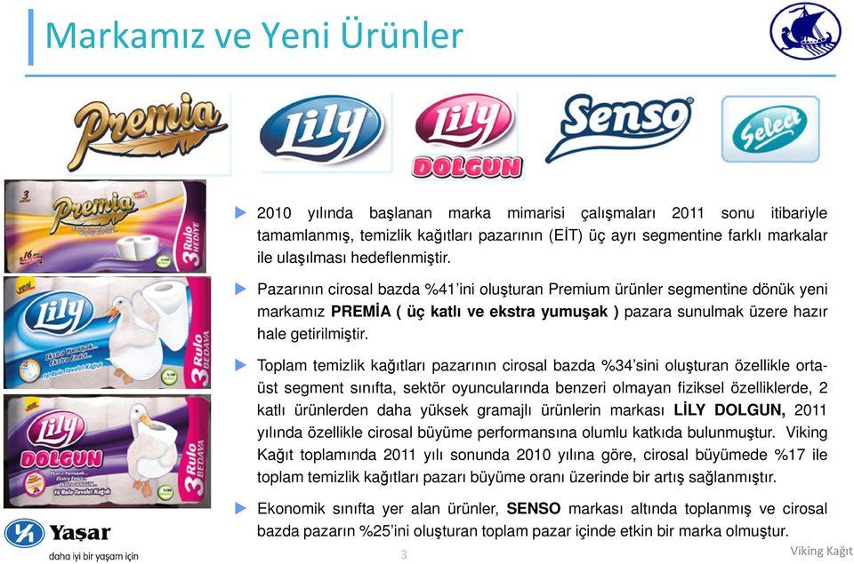 Toplam temizlik kağıtları pazarının cirosal bazda %34 sini oluşturan özellikle ortaüst segment sınıfta, sektör oyuncularında benzeri olmayan fiziksel özelliklerde, 2 katlı ürünlerden daha yüksek