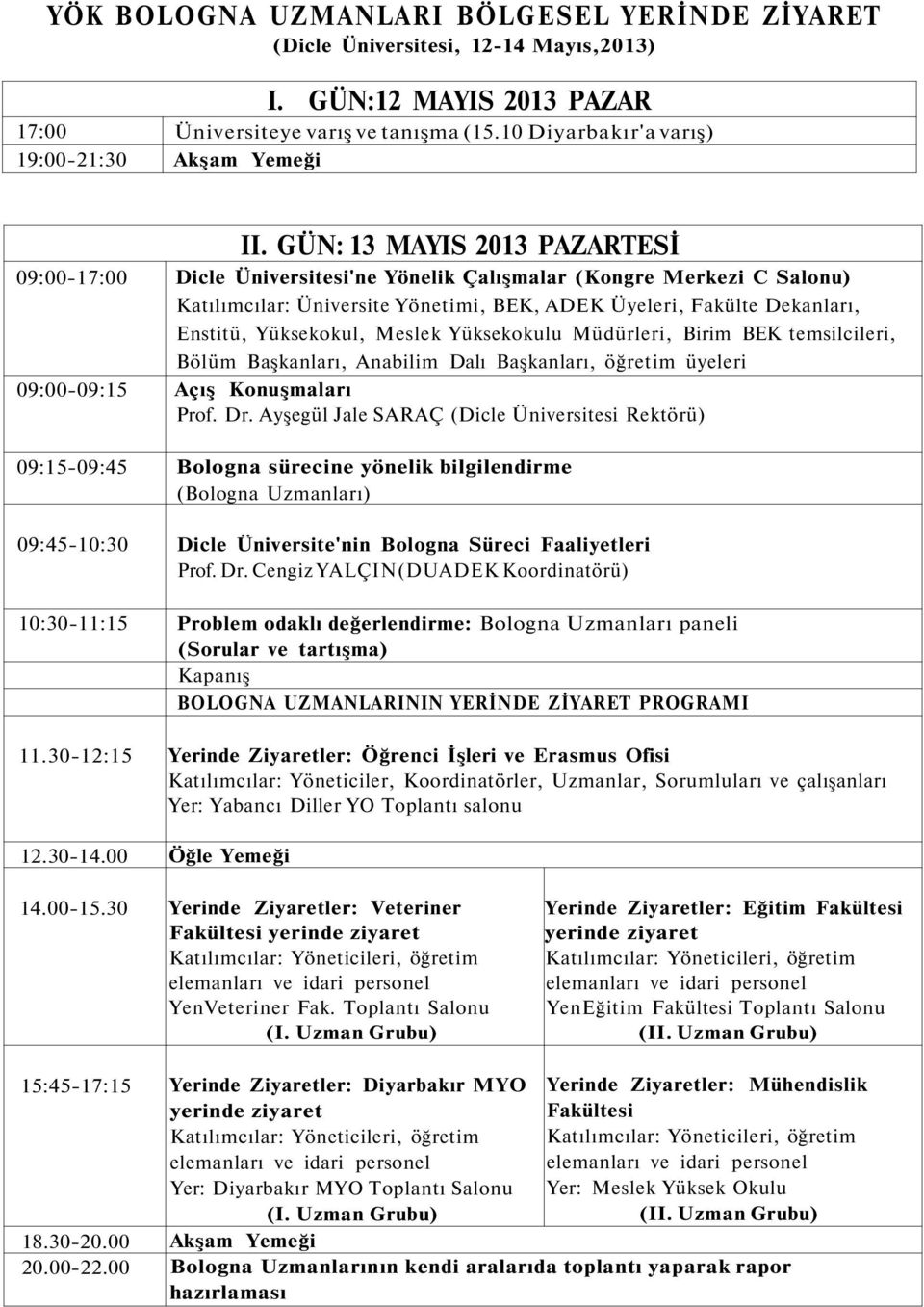 GÜN: 13 MAYIS 2013 PAZARTESİ 09:00-17:00 Dicle Üniversitesi'ne Yönelik Çalışmalar (Kongre Merkezi C Salonu) Katılımcılar: Üniversite Yönetimi, BEK, ADEK Üyeleri, Fakülte Dekanları, Enstitü,