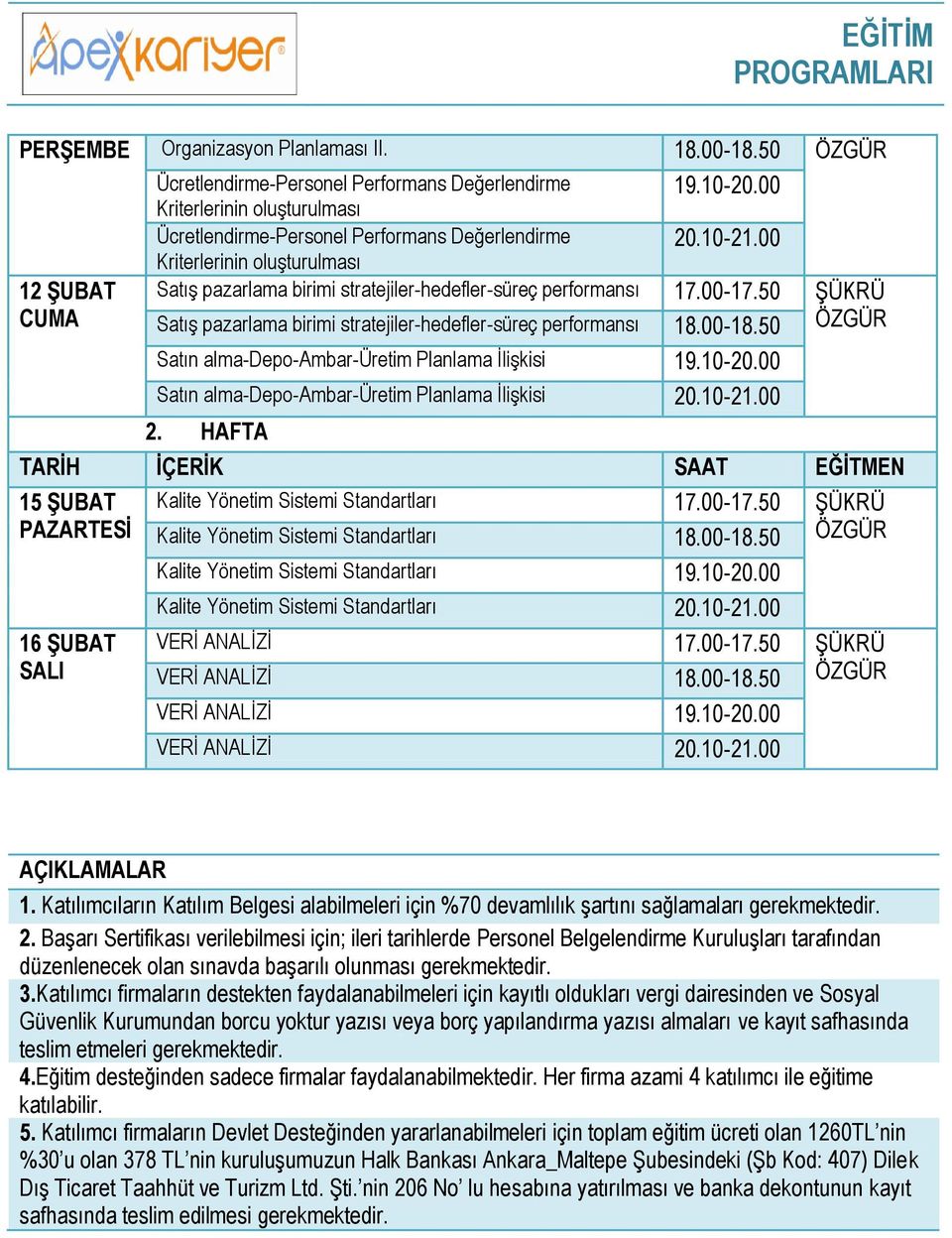 50 ġükrü SatıĢ pazarlama birimi stratejiler-hedefler-süreç performansı 18.00-18.50 ÖZGÜR Satın alma-depo-ambar-üretim Planlama ĠliĢkisi 19.10-20.00 Satın alma-depo-ambar-üretim Planlama ĠliĢkisi 20.