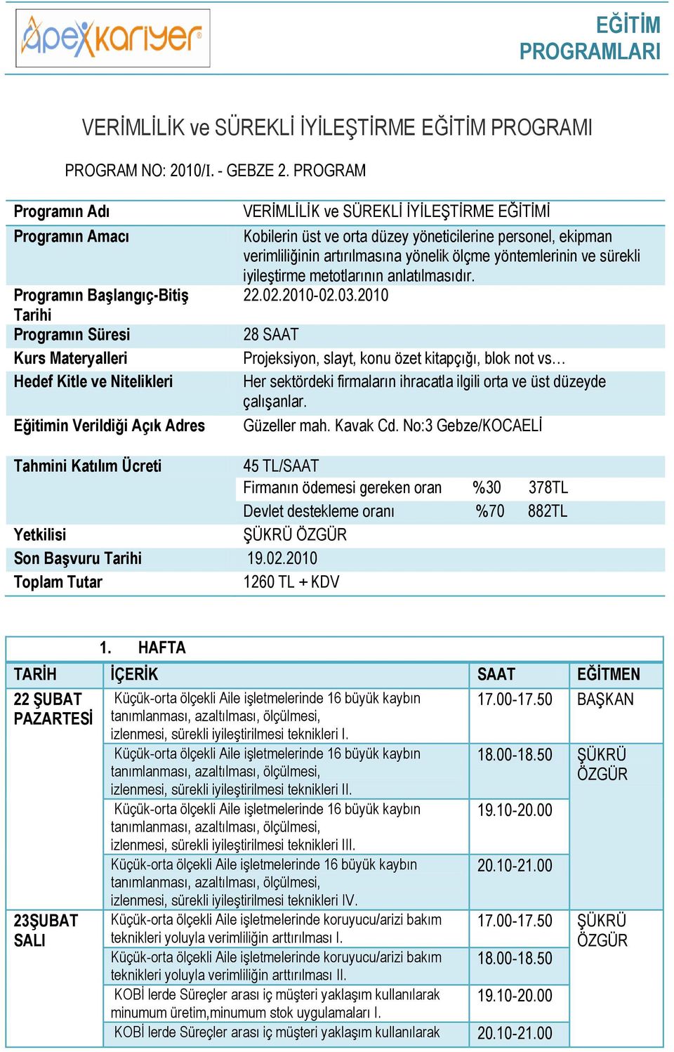 EĞĠTĠMĠ Kobilerin üst ve orta düzey yöneticilerine personel, ekipman verimliliğinin artırılmasına yönelik ölçme yöntemlerinin ve sürekli iyileģtirme metotlarının anlatılmasıdır. 22.02.2010-02.03.