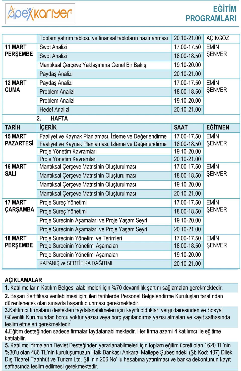 10-21.00 2. HAFTA 15 MART 16 MART 17 MART ÇARġAMBA 18 MART PERġEMBE Faaliyet ve Kaynak Planlaması, Ġzleme ve Değerlendirme 17.00-17.50 EMĠN Faaliyet ve Kaynak Planlaması, Ġzleme ve Değerlendirme 18.