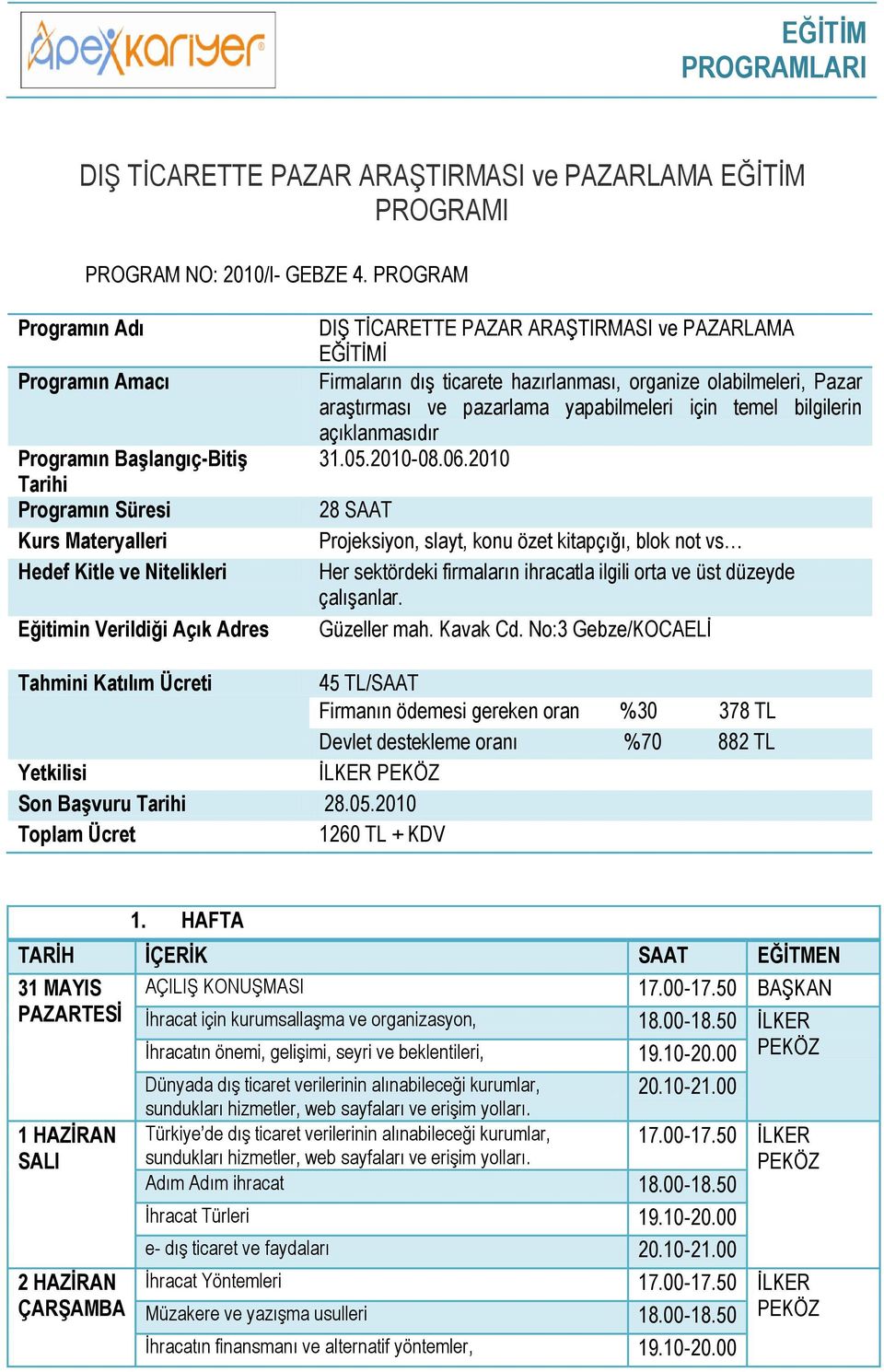 PAZARLAMA EĞĠTĠMĠ Firmaların dıģ ticarete hazırlanması, organize olabilmeleri, Pazar araģtırması ve pazarlama yapabilmeleri için temel bilgilerin açıklanmasıdır 31.05.2010-08.06.