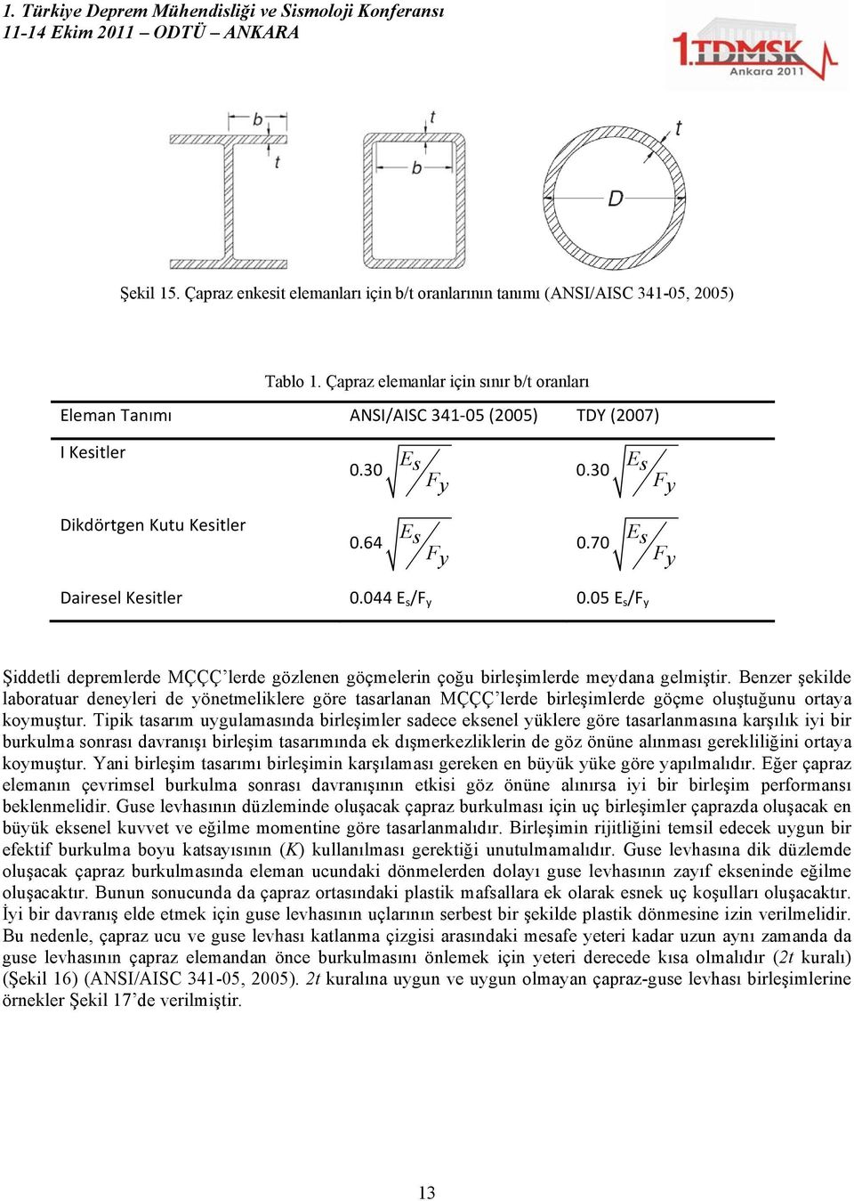 044 E s /F y 0.05 E s /F y Şiddetli depremlerde MÇÇÇ lerde gözlenen göçmelerin çoğu birleşimlerde meydana gelmiştir.