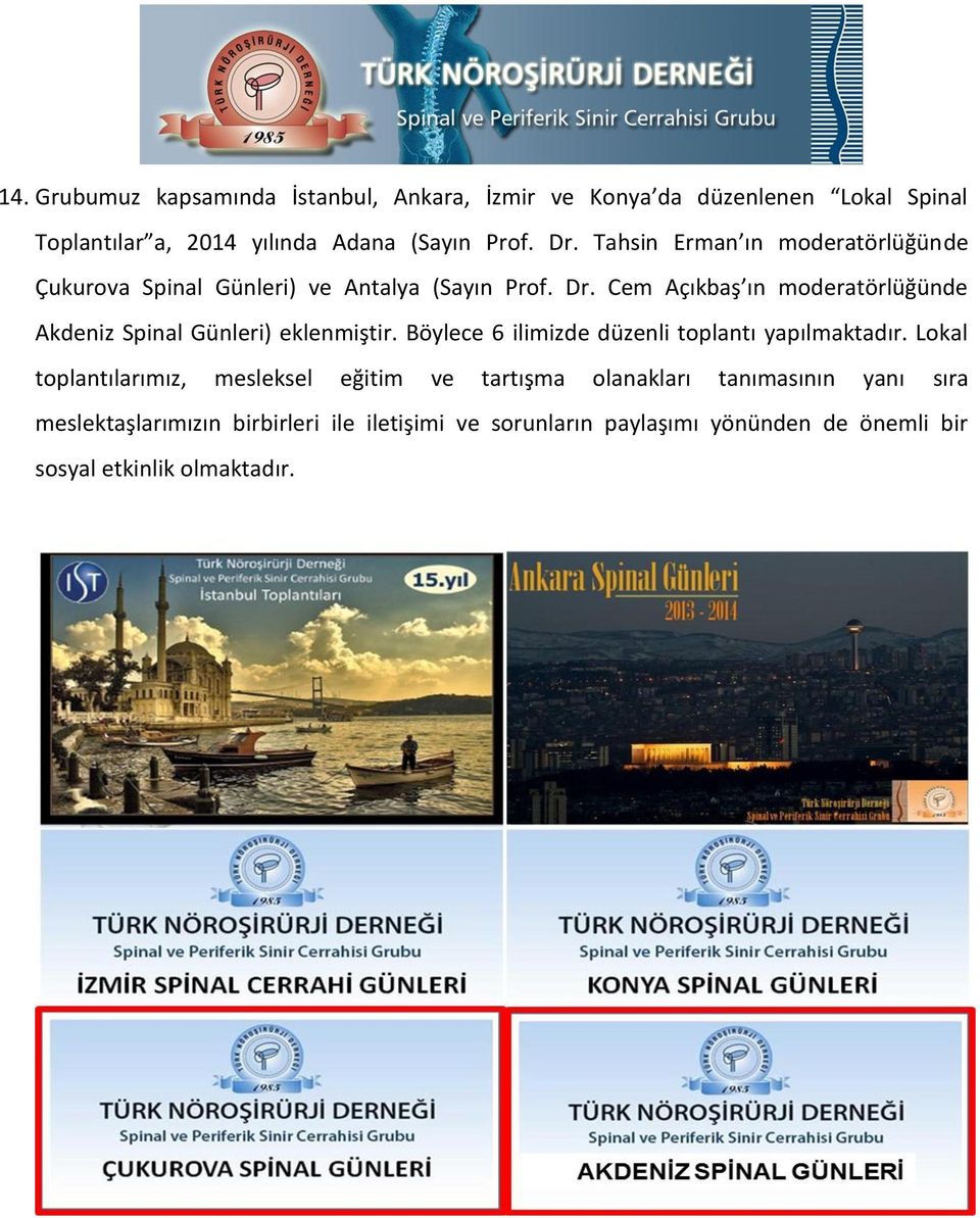 Cem Açıkbaş ın moderatörlüğünde Akdeniz Spinal Günleri) eklenmiştir. Böylece 6 ilimizde düzenli toplantı yapılmaktadır.