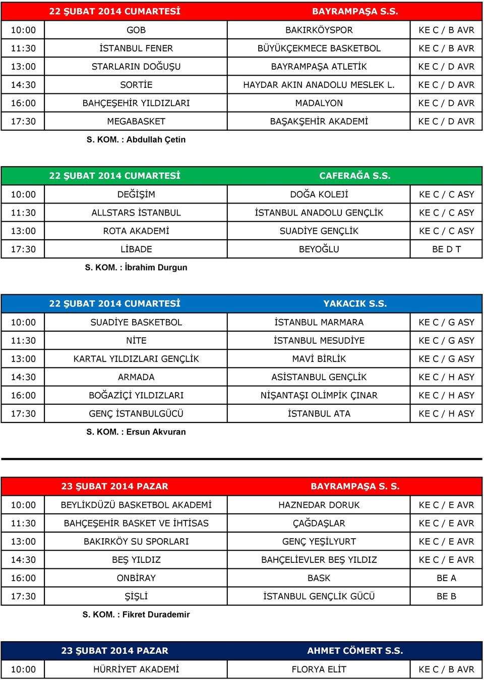 S. 10:00 GOB BAKIRKÖYSPOR KE C / B AVR 11:30 İSTANBUL FENER BÜYÜKÇEKMECE BASKETBOL KE C / B AVR 13:00 STARLARIN DOĞUŞU BAYRAMPAŞA ATLETİK KE C / D AVR 14:30 SORTİE HAYDAR AKIN ANADOLU MESLEK L.