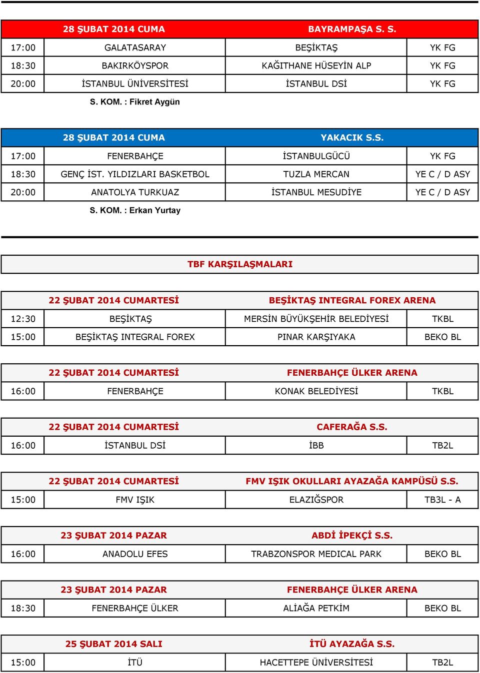 YILDIZLARI BASKETBOL TUZLA MERCAN YE C / D ASY 20:00 ANATOLYA TURKUAZ İSTANBUL MESUDİYE YE C / D ASY S. KOM.