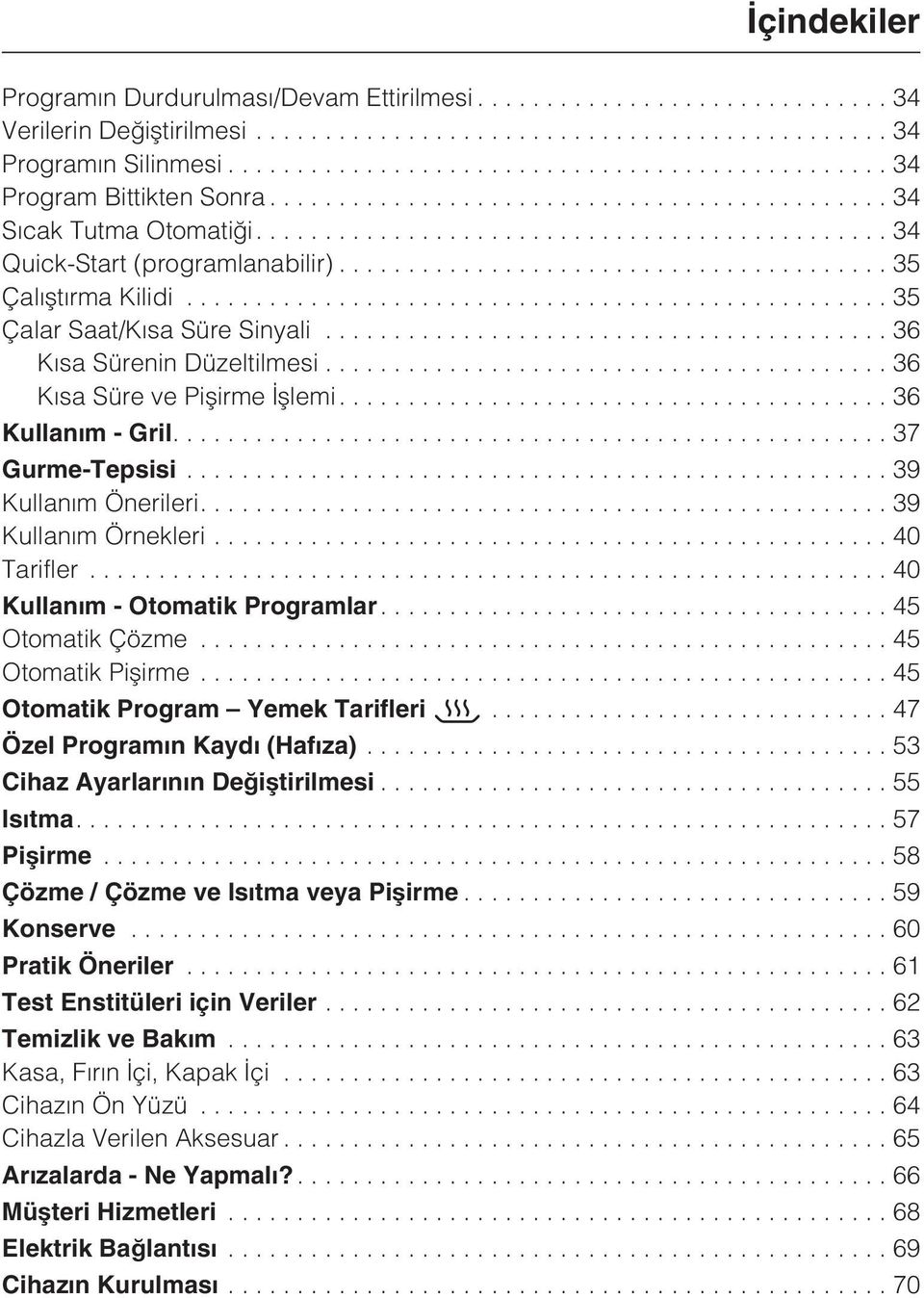 ...39 Kullaným Örnekleri...40 Tarifler...40 Kullaným - Otomatik Programlar...45 Otomatik Çözme...45 Otomatik Piþirme...45 Otomatik Program Yemek Tarifleri...47 Özel Programýn Kaydý (Hafýza).