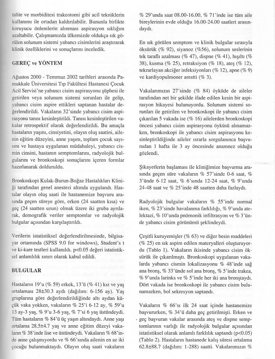 GEREÇ ve YÖNTEM Agustos 2000 - Temmuz 2002 tarihleri arasinda Pamukkale Üniversitesi Tip Fakültesi Hastanesi Çocuk Acil Servisi'ne yabanci cisim aspirasyonu süphesi ile getirilen veya solunum sistemi