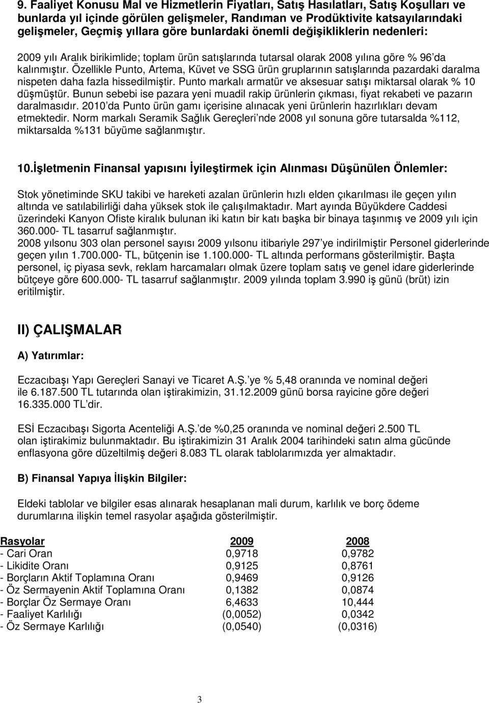 Özellikle Punto, Artema, Küvet ve SSG ürün gruplarının satışlarında pazardaki daralma nispeten daha fazla hissedilmiştir. Punto markalı armatür ve aksesuar satışı miktarsal olarak % 10 düşmüştür.