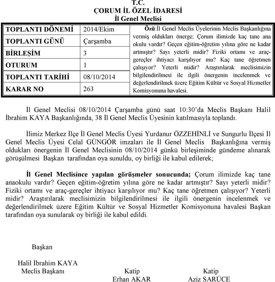 Araştırılarak meclisimizin TOPLANTI TARİHİ 08/10/2014 bilgilendirilmesi ile ilgili önergenin incelenmek ve değerlendirilmek üzere Eğitim Kültür ve Sosyal Hizmetler KARAR NO 263 Komisyonuna havalesi.