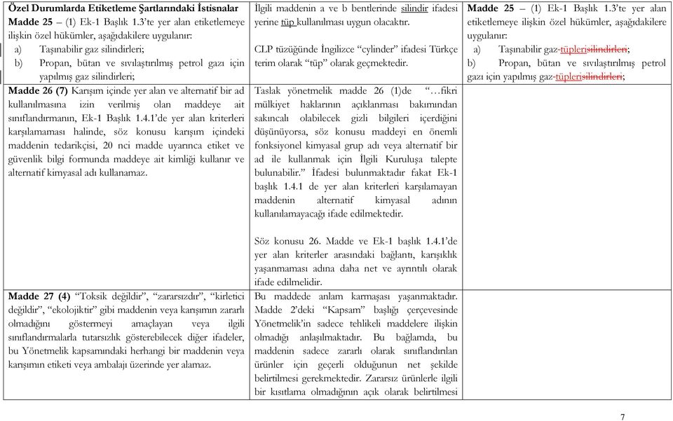 (7) Karışım içinde yer alan ve alternatif bir ad kullanılmasına izin verilmiş olan maddeye ait sınıflandırmanın, Ek-1 Başlık 1.4.