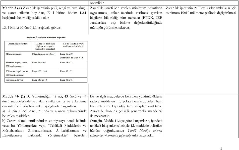 ) birlikte değerlendirildiğinde mümkün görünmemektedir. Zararlılık işaretinin 210L ye kadar ambalajlar için minimum 10x10 milimetre şeklinde değiştirilmesi.