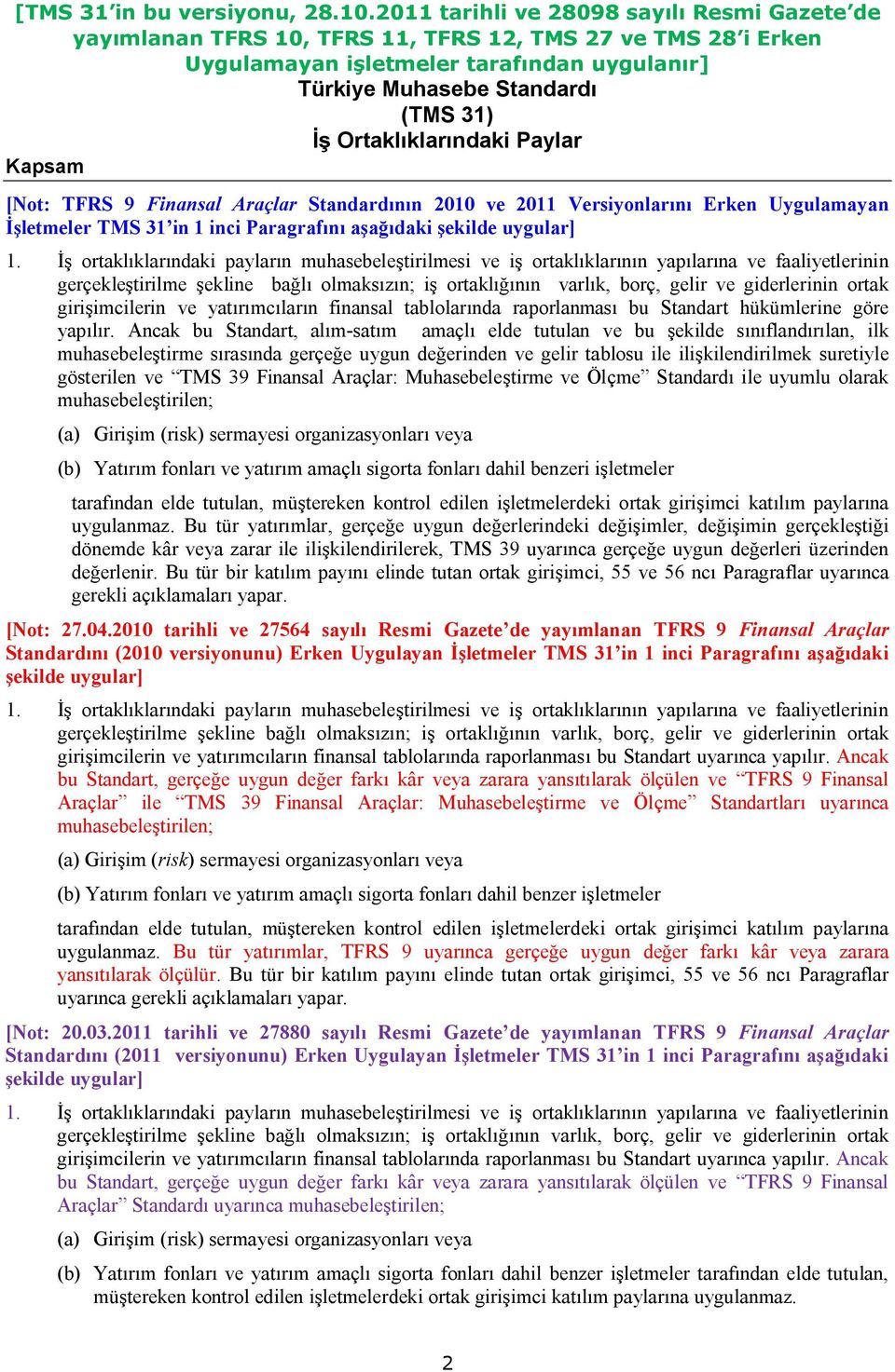 Ortaklıklarındaki Paylar Kapsam [Not: TFRS 9 Finansal Araçlar Standardının 2010 ve 2011 Versiyonlarını Erken Uygulamayan İşletmeler TMS 31 in 1 inci Paragrafını aşağıdaki şekilde uygular] 1.