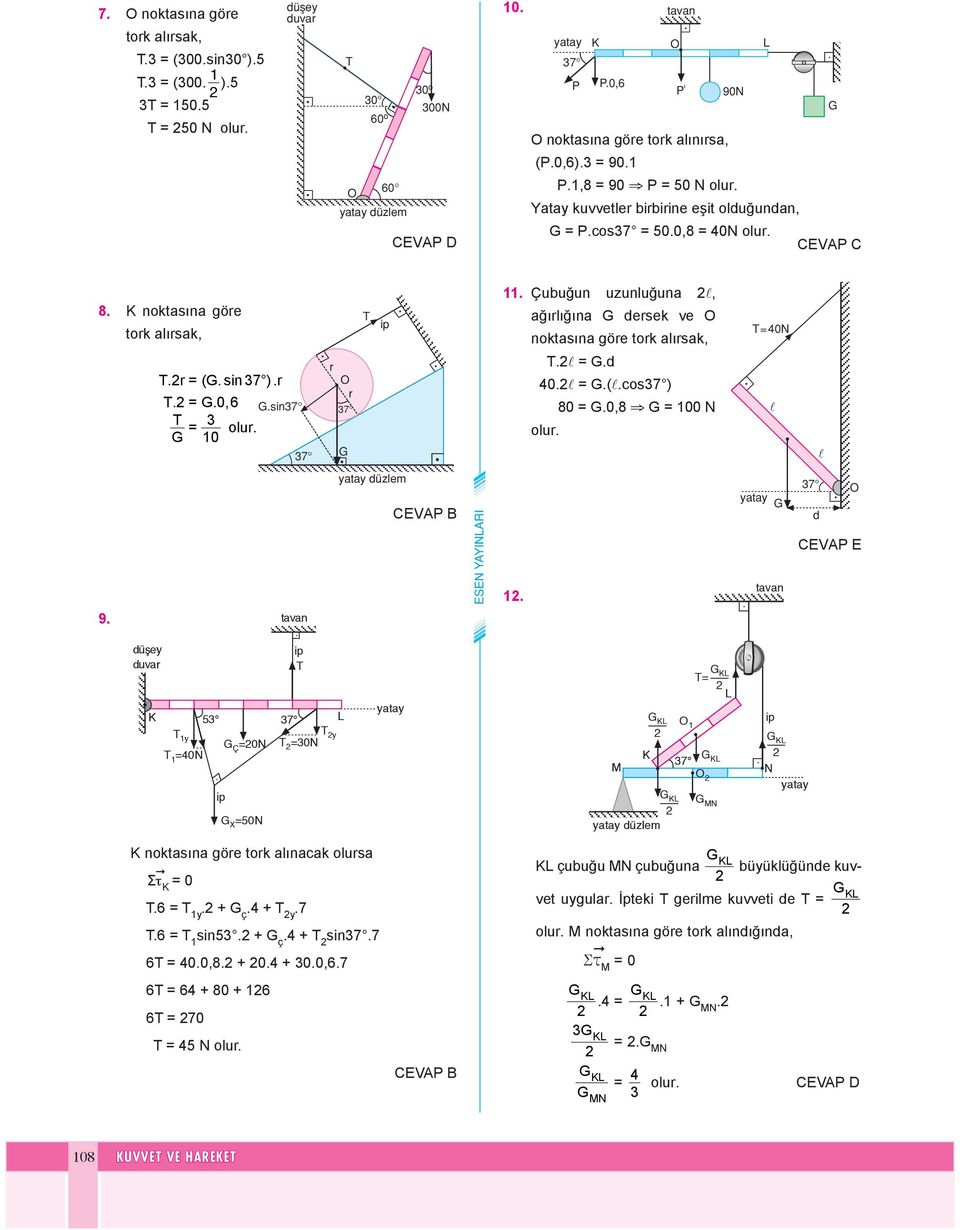 sak, = d 40 = (cos) 80,8 = 00 N olu =40N CEVAP B d CEVAP E 9 y y Ç =0N =0N =40N X =50N = M N MN noktasına göe tok alınacak olusa Στ 6 = y + ç 4 + y 7 6 = sin + ç 4 + sin7 6 = 400,8 + 04 + 00,67 6