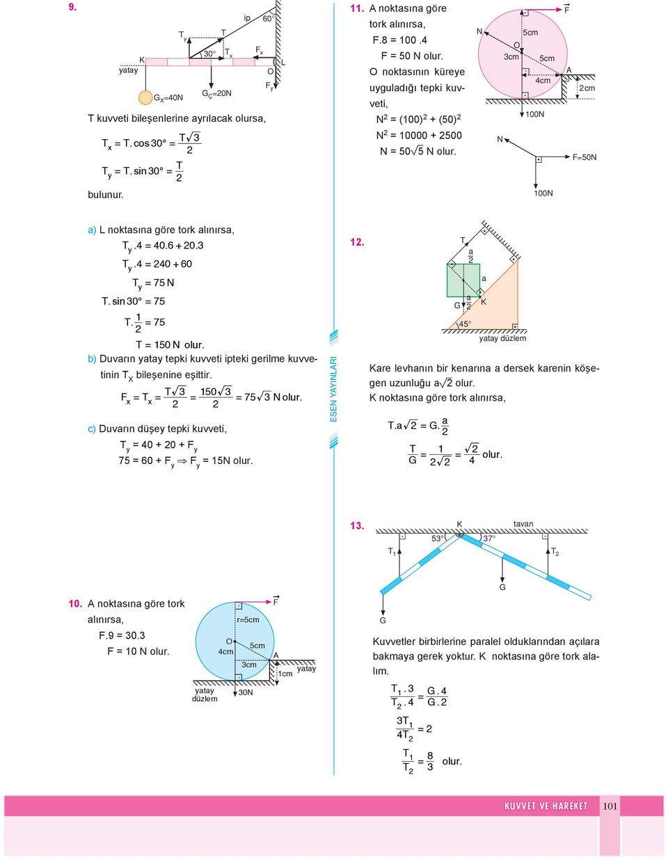 kuv ve ti te ki ge il me kuv veti nin X bi le şe ni ne eşit ti 50 x = x = = = 75 Nolu c) Du va ın dü şey tep ki kuv ve ti, y = 40 + 0 + y 75 = 60 + y y = 5N olu a a 45 a a e lev ha nın bi ke na ı na