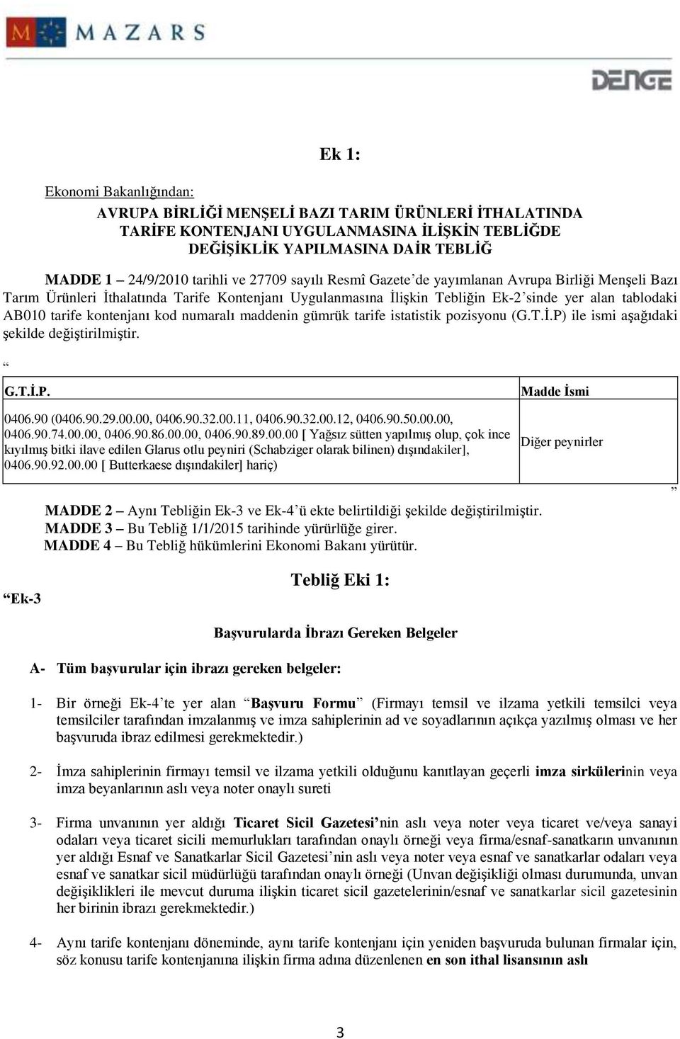 kod numaralı maddenin gümrük tarife istatistik pozisyonu (G.T.İ.P) ile ismi aşağıdaki şekilde değiştirilmiştir. G.T.İ.P. 0406.90 (0406.90.29.00.00, 0406.90.32.00.11, 0406.90.32.00.12, 0406.90.50.00.00, 0406.90.74.