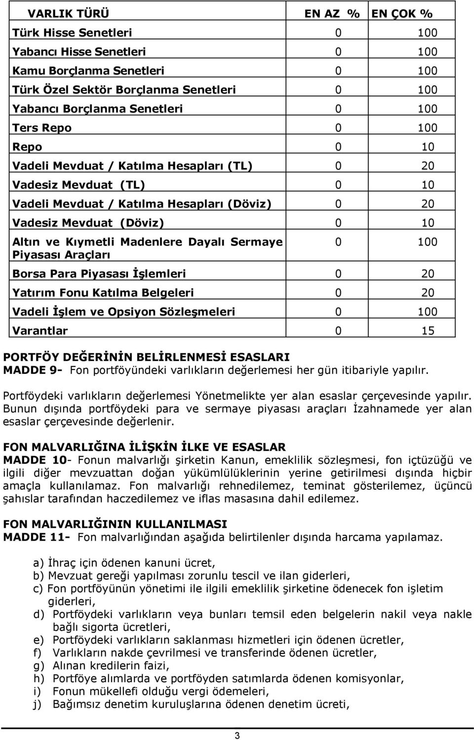 Dayalı Sermaye Piyasası Araçları 0 100 Borsa Para Piyasası ĠĢlemleri 0 20 Yatırım Fonu Katılma Belgeleri 0 20 Vadeli ĠĢlem ve Opsiyon SözleĢmeleri 0 100 Varantlar 0 15 PORTFÖY DEĞERĠNĠN BELĠRLENMESĠ