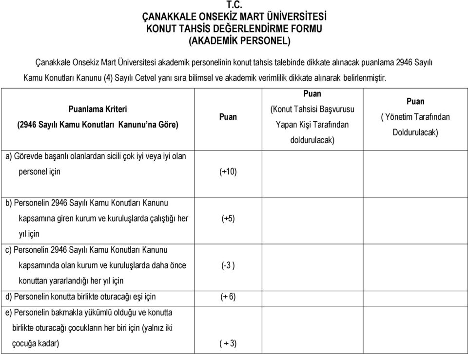 lama Kriteri (2946 Sayılı Kamu Konutları Kanunu na Göre) a) Görevde başarılı olanlardan sicili çok iyi veya iyi olan personel için (Konut Tahsisi Başvurusu Yapan Kişi Tarafından doldurulacak) (