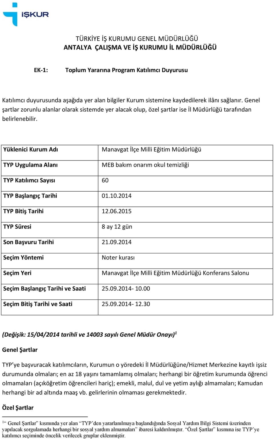 Yüklenici Kurum Adı TYP Uygulama Alanı Manavgat İlçe Milli Eğitim Müdürlüğü MEB bakım onarım okul temizliği TYP Katılımcı Sayısı 60 TYP Başlangıç Tarihi 01.10.2014 TYP Bitiş Tarihi 12.06.