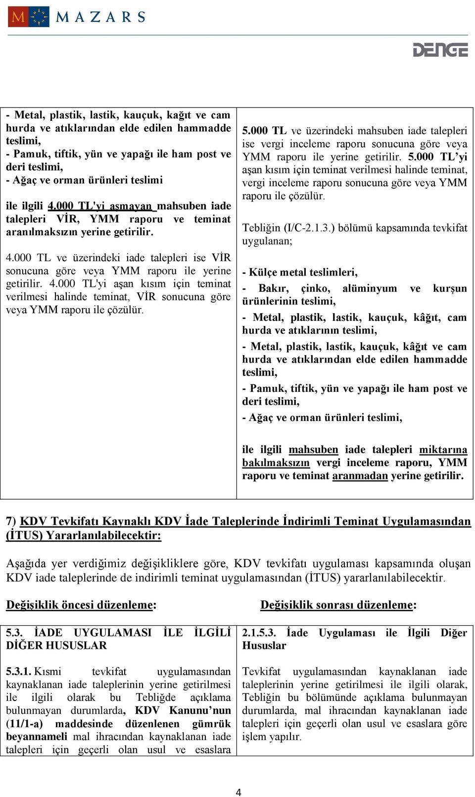 4.000 TL'yi aşan kısım için teminat verilmesi halinde teminat, VİR sonucuna göre veya YMM raporu ile çözülür. 5.