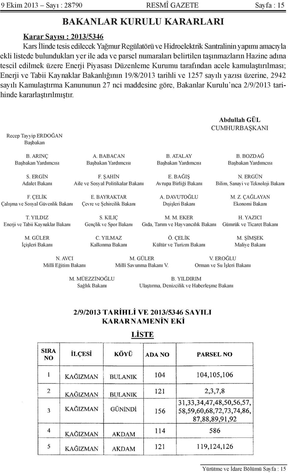 Kaynaklar Bakanlığının 19/8/2013 tarihli ve 1257 sayılı yazısı üzerine, 2942 sayılı Kamulaştırma Kanununun 27 nci maddesine göre, Bakanlar Kurulu nca 2/9/2013 tarihinde kararlaştırılmıştır.