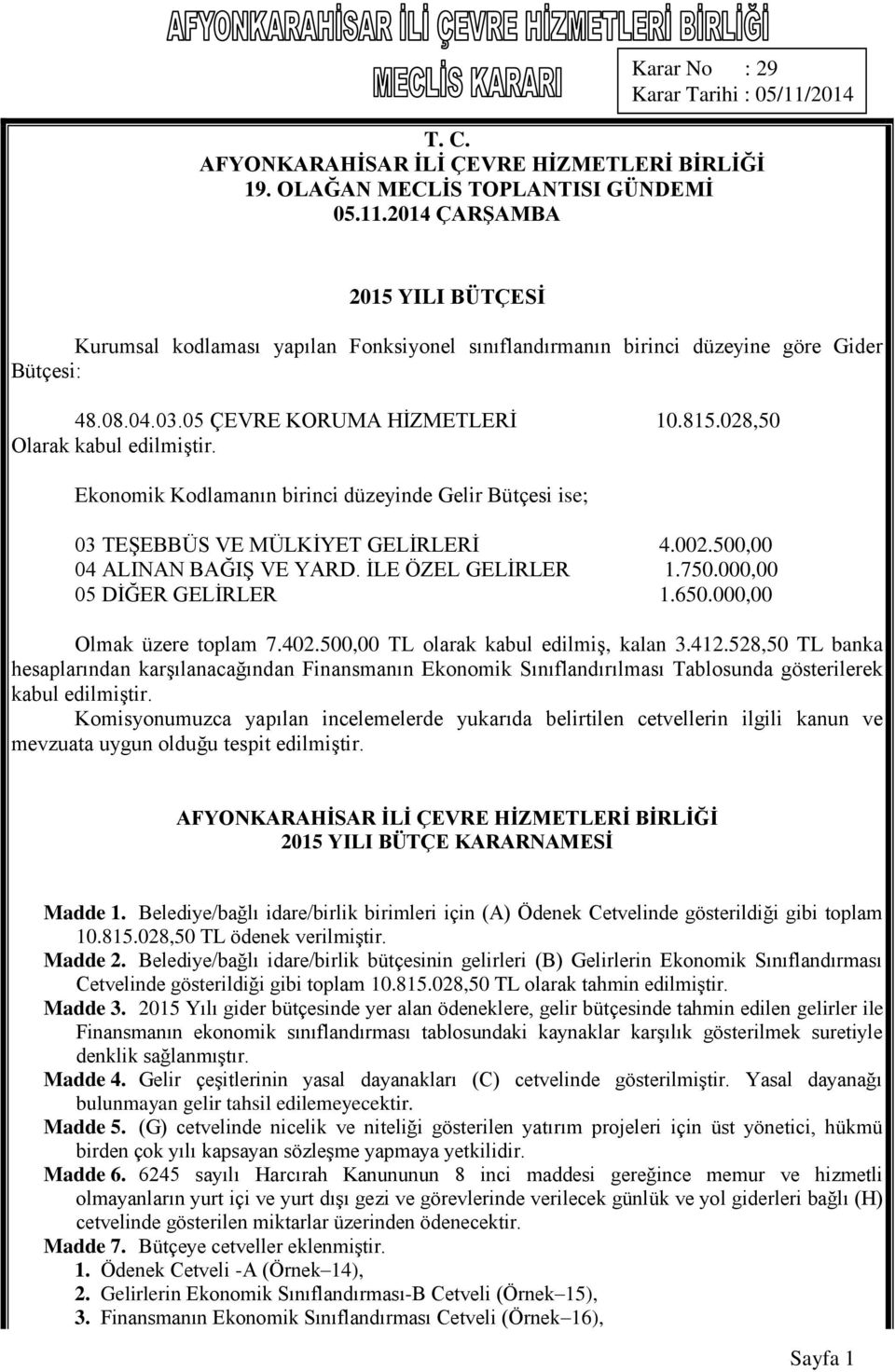 000,00 05 DİĞER GELİRLER 1.650.000,00 Olmak üzere toplam 7.402.500,00 TL olarak kabul edilmiş, kalan 3.412.