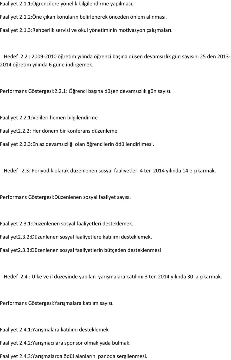 Faaliyet 2.2.1:Velileri hemen bilgilendirme Faaliyet2.2.2: Her dönem bir konferans düzenleme Faaliyet 2.2.3:En az devamsızlığı olan öğrencilerin ödüllendirilmesi. Hedef 2.