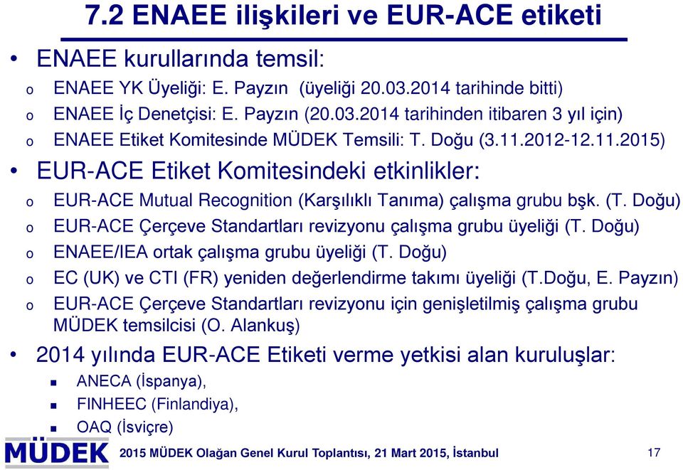 Dğu) EUR-ACE Çerçeve Standartları revizynu çalışma grubu üyeliği (T. Dğu) ENAEE/IEA rtak çalışma grubu üyeliği (T. Dğu) EC (UK) ve CTI (FR) yeniden değerlendirme takımı üyeliği (T.Dğu, E.