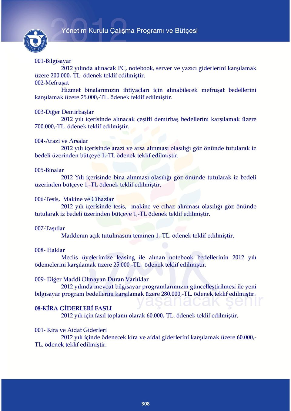 003-Diğer Demirbaşlar 2012 yılı içerisinde alınacak çeşitli demirbaş bedellerini karşılamak üzere 700.000,-TL. ödenek teklif edilmiştir.