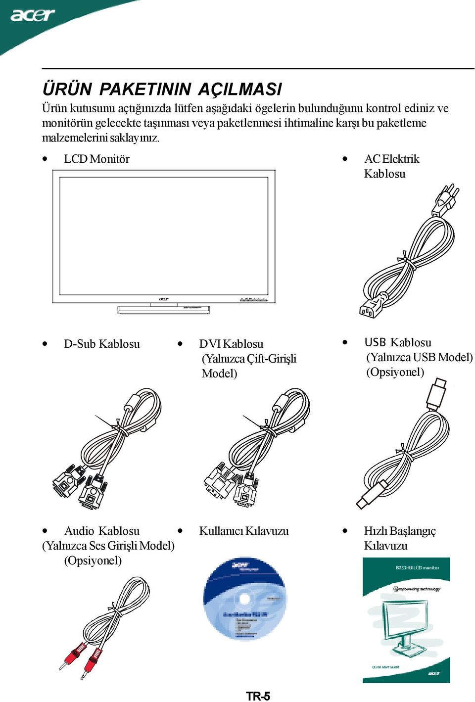 LCD Monitör AC Elektrik Kablosu D-Sub Kablosu DVI Kablosu (Yalnızca Çift-Girişli Model) USB Kablosu (Yalnızca
