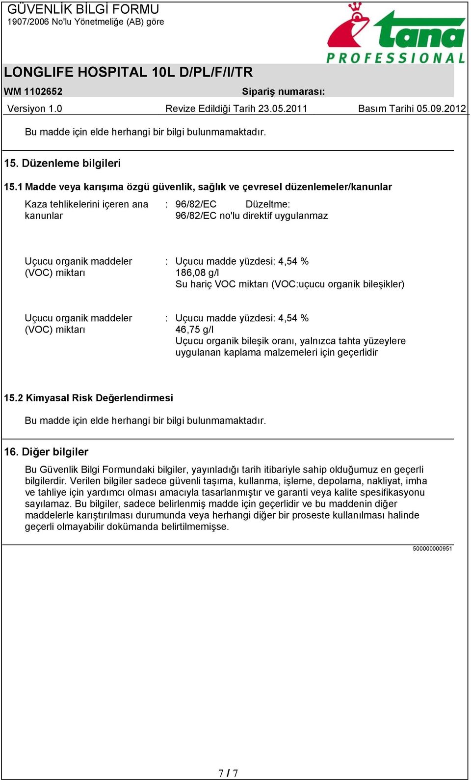 (VOC) miktarı : Uçucu madde yüzdesi: 4,54 % 186,08 g/l Su hariç VOC miktarı (VOC:uçucu organik bileşikler) Uçucu organik maddeler (VOC) miktarı : Uçucu madde yüzdesi: 4,54 % 46,75 g/l Uçucu organik