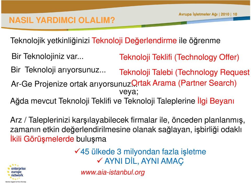 .. Ortak Arama (Partner Search) veya; Ağda mevcut Teknoloji Teklifi ve Teknoloji Taleplerine Đlgi Beyanı Arz / Taleplerinizi karşılayabilecek firmalar ile,