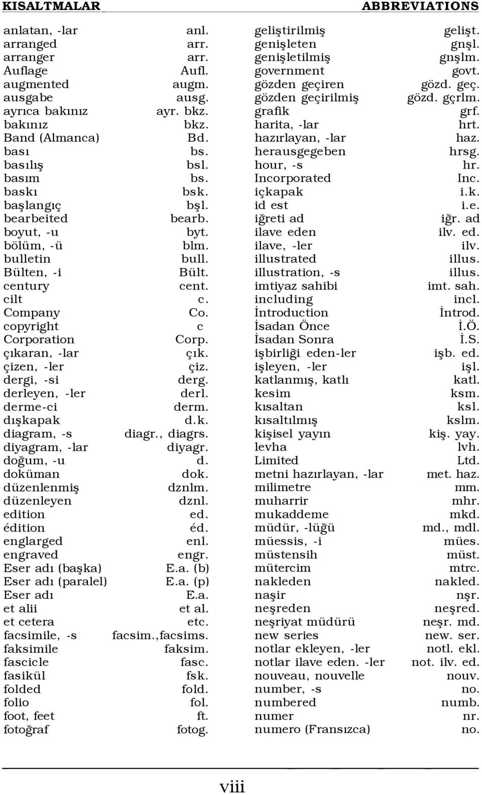 dergi, -si derg. derleyen, -ler derl. derme-ci derm. dýßkapak d.k. diagram, -s diagr., diagrs. diyagram, -lar diyagr. doûum, -u d. dokÿman dok. dÿzenlenmiß dznlm. dÿzenleyen dznl. edition ed.