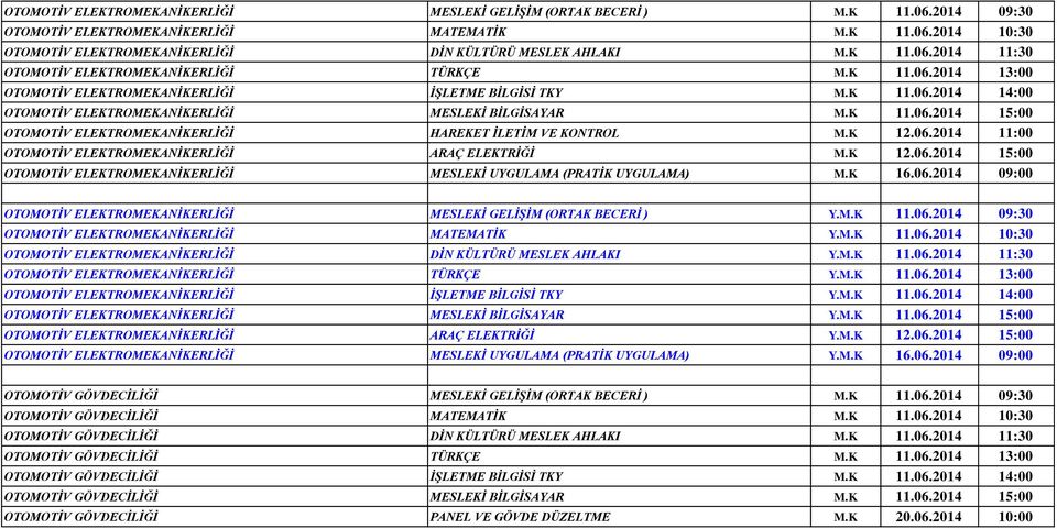 K 11.06.2014 15:00 OTOMOTİV ELEKTROMEKANİKERLİĞİ HAREKET İLETİM VE KONTROL M.K 12.06.2014 11:00 OTOMOTİV ELEKTROMEKANİKERLİĞİ ARAÇ ELEKTRİĞİ M.K 12.06.2014 15:00 OTOMOTİV ELEKTROMEKANİKERLİĞİ MESLEKİ UYGULAMA (PRATİK UYGULAMA) M.