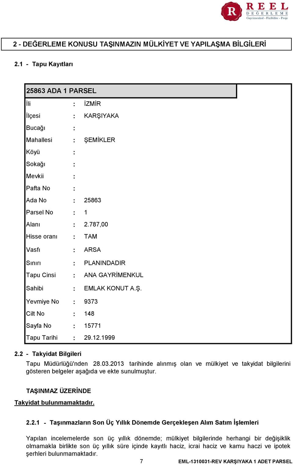 İZMİR KARŞIYAKA ŞEMİKLER 25863 1 2.787,00 TAM ARSA PLANINDADIR ANA GAYRİMENKUL EMLAK KONUT A.Ş. 9373 148 15771 29.12.1999 2.2 - Takyidat Bilgileri Tapu Müdürlüğü'nden 28.03.