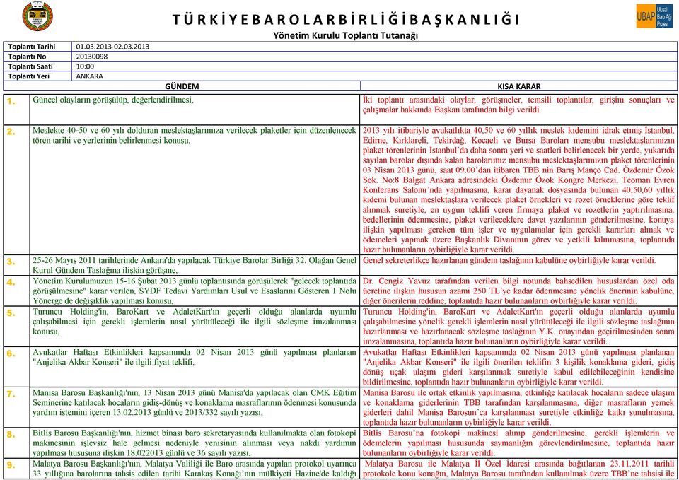 25-26 Mayıs 2011 tarihlerinde Ankara'da yapılacak Türkiye Barolar Birliği 32. Olağan Genel Kurul Gündem Taslağına ilişkin görüşme, 4.