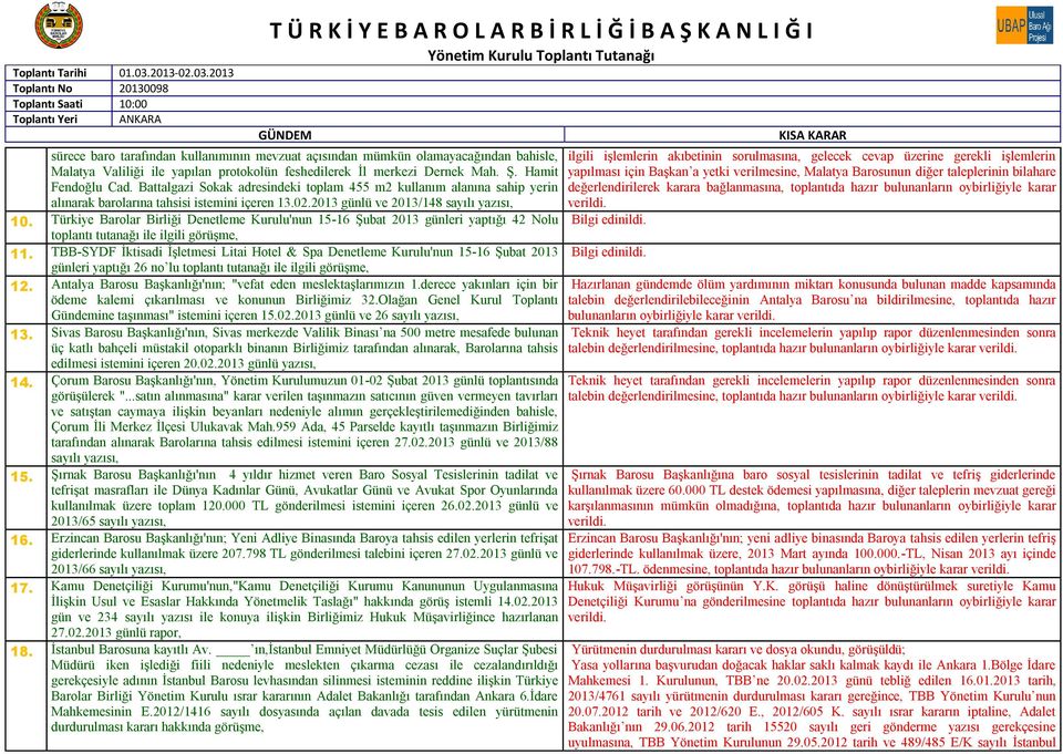 Türkiye Barolar Birliği Denetleme Kurulu'nun 15-16 Şubat 2013 günleri yaptığı 42 Nolu toplantı tutanağı ile ilgili görüşme, 11.