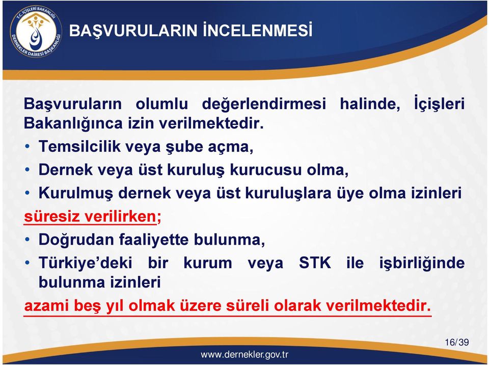 Temsilcilik veya şube açma, Dernek veya üst kuruluş kurucusu olma, Kurulmuş dernek veya üst